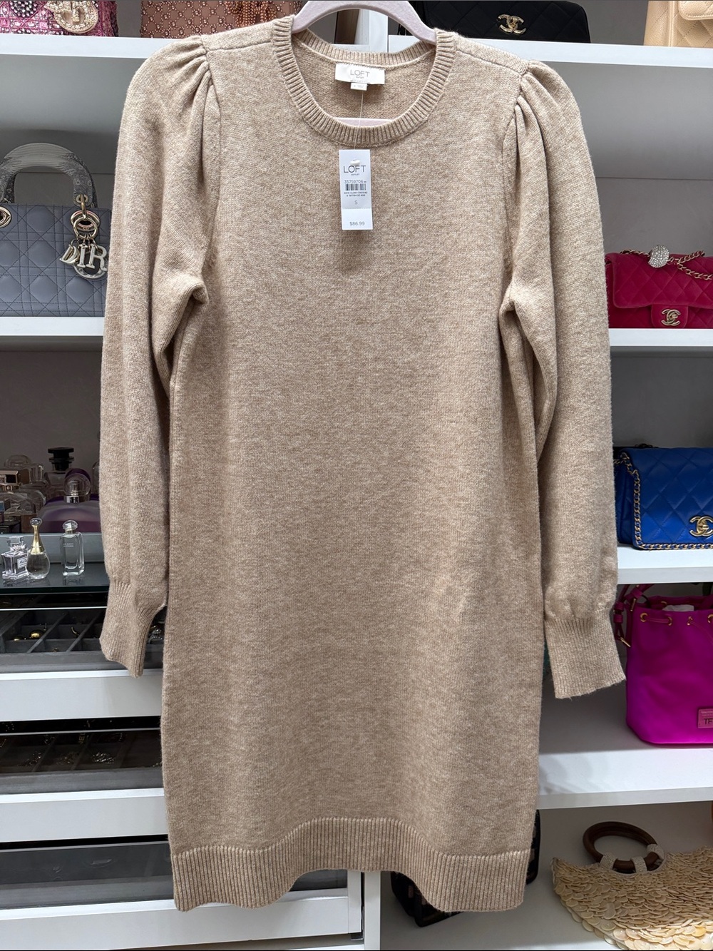 LOFT Camel Puff-Sleeve Knit Sweater Dress